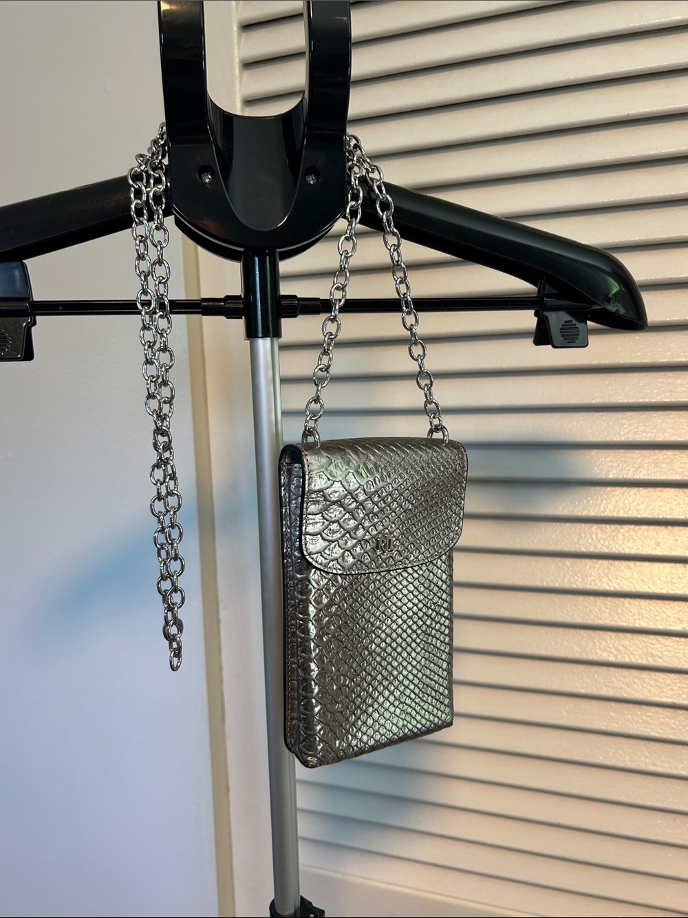 Lauren by Ralph Lauren Metallic Silver Textured Crossbody Bag with Chain Strap